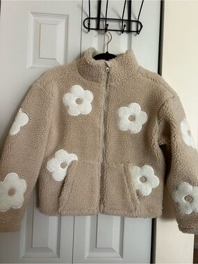 T.J.Maxx Beige Teddy Sherpa Jacket with White Daisy Patches